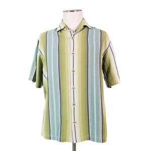 Tommy Bahama shirt men's medium green stripe silk blend Hawaiian Camp Lounge